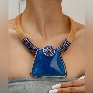 SHEIN Blue and Gold Geometric Necklace